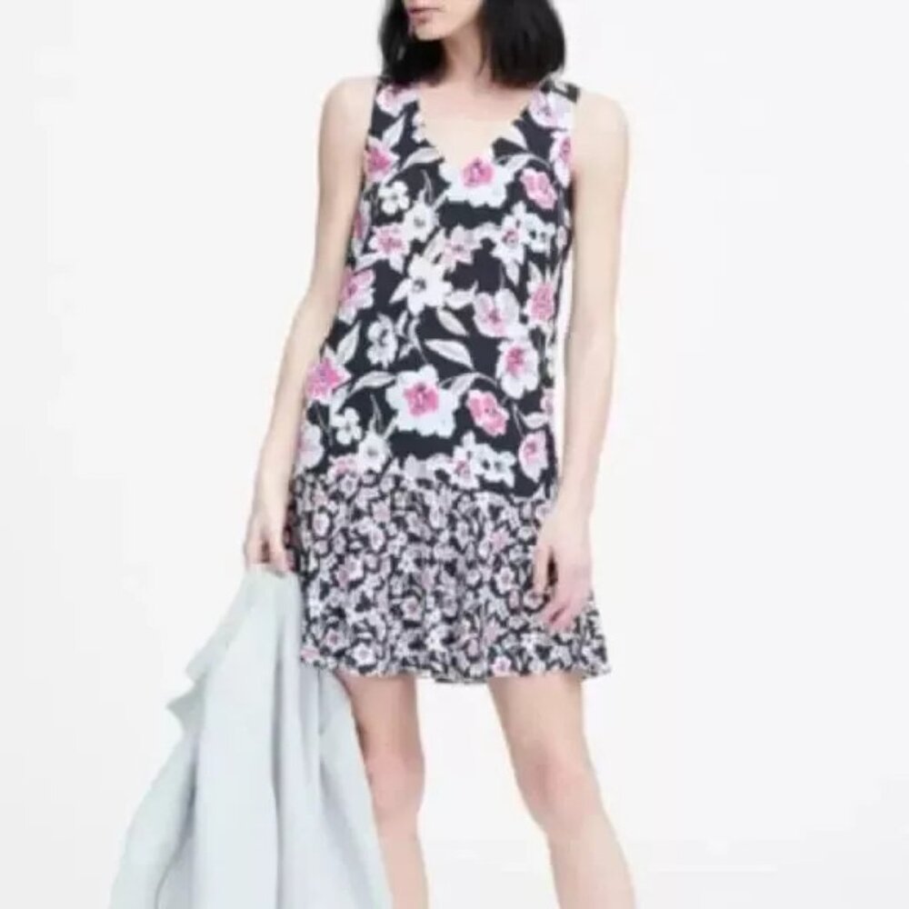 BANANA REPUBLIC Pink Floral Peplum V-Neck Sleeveless Flounce Hem Dress Sz 0